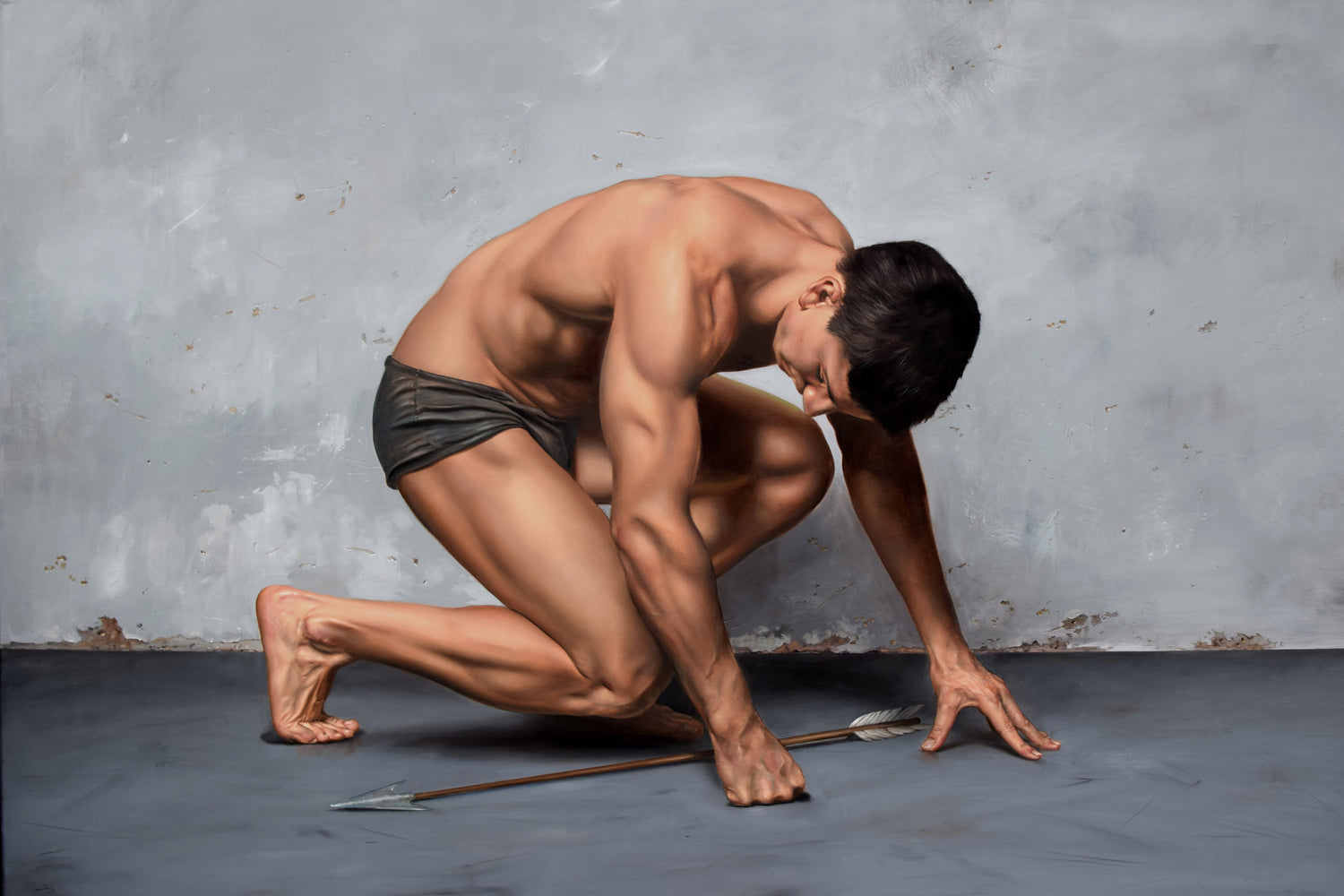 Hyperrialistic oil painting of a muscular man in warrior pose with weapons on a gray background