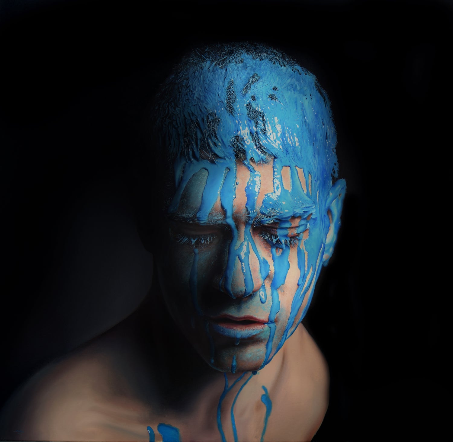 Hyperrealistic oil painting of a person with blue paint on their face and body against a black background.