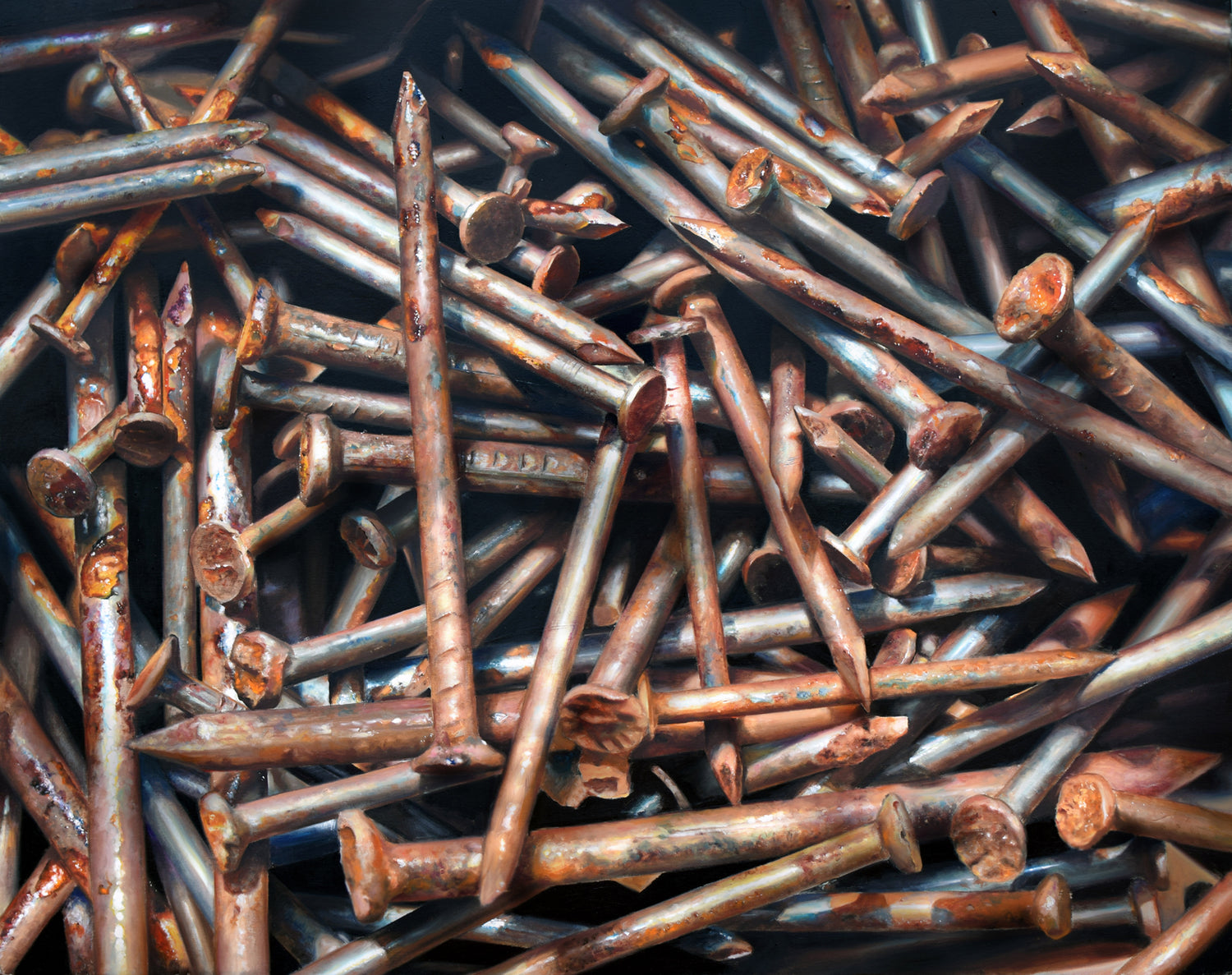Hyperrealistic oil painting of a pile of rusty steel nails on a dark background.