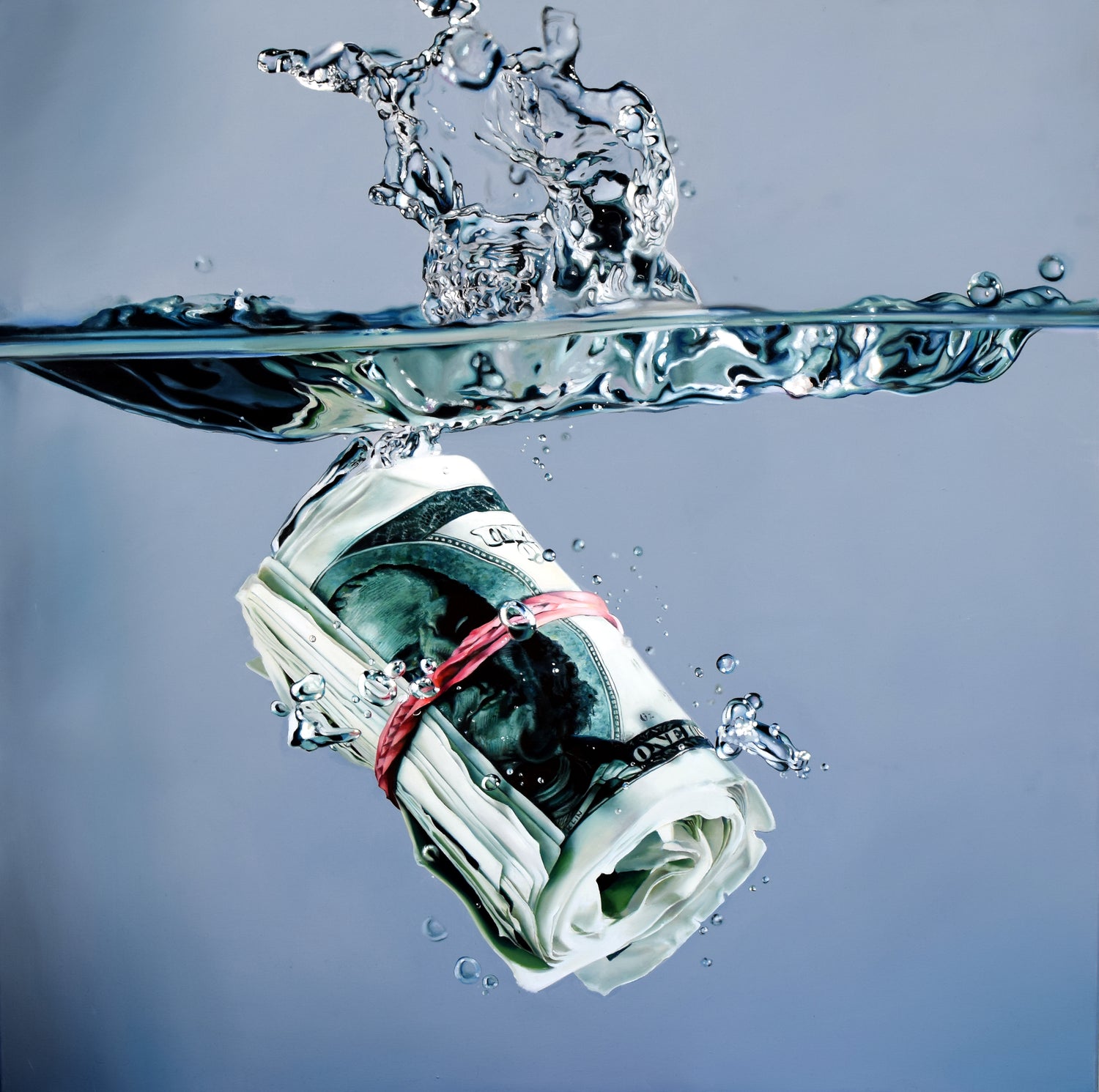 Hyperrialistic oil painting of a roll of money partially submerged in water with splashes.