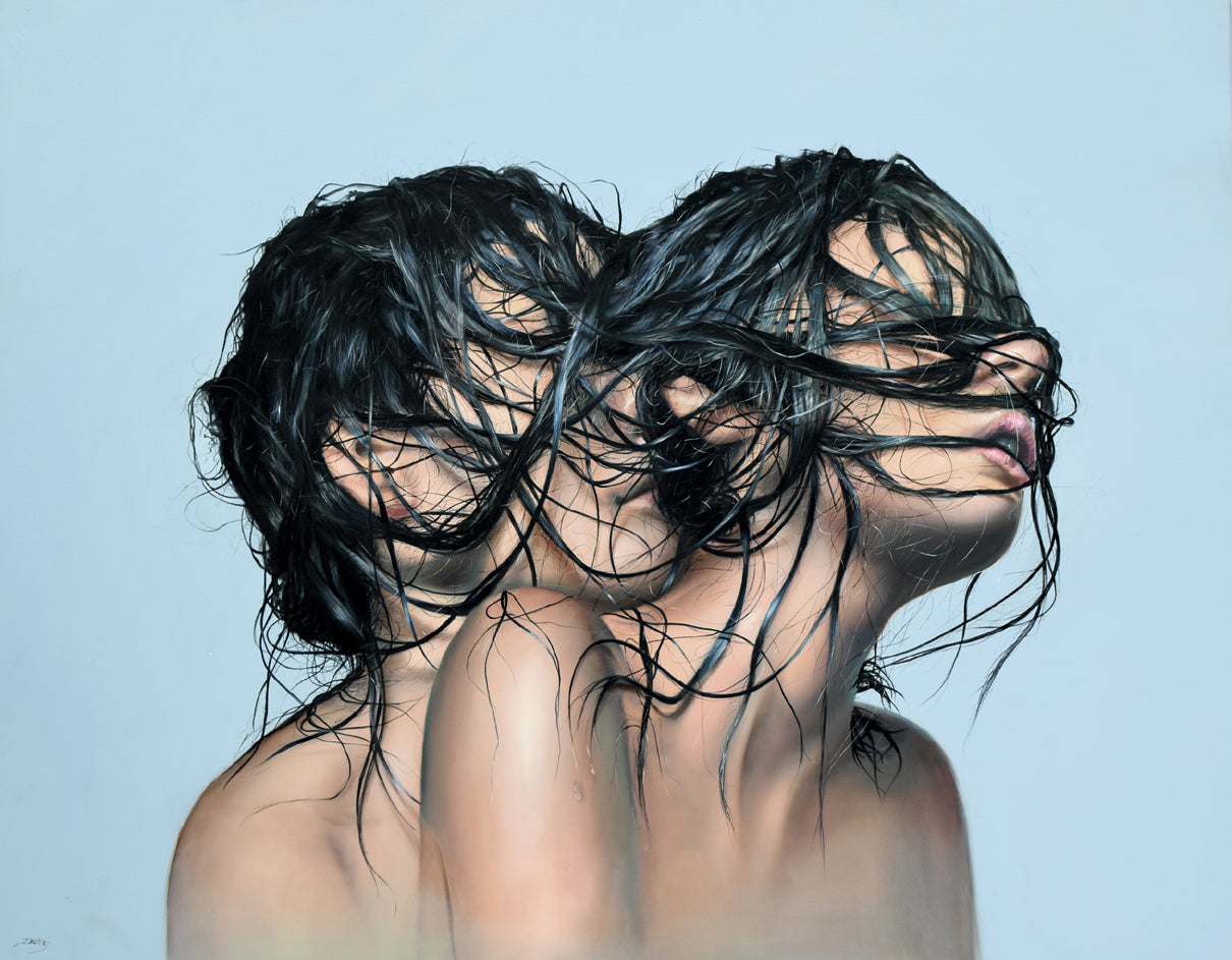 Hyperrealistic oil painting of two persons with wet hair covering their faces against a light blue background