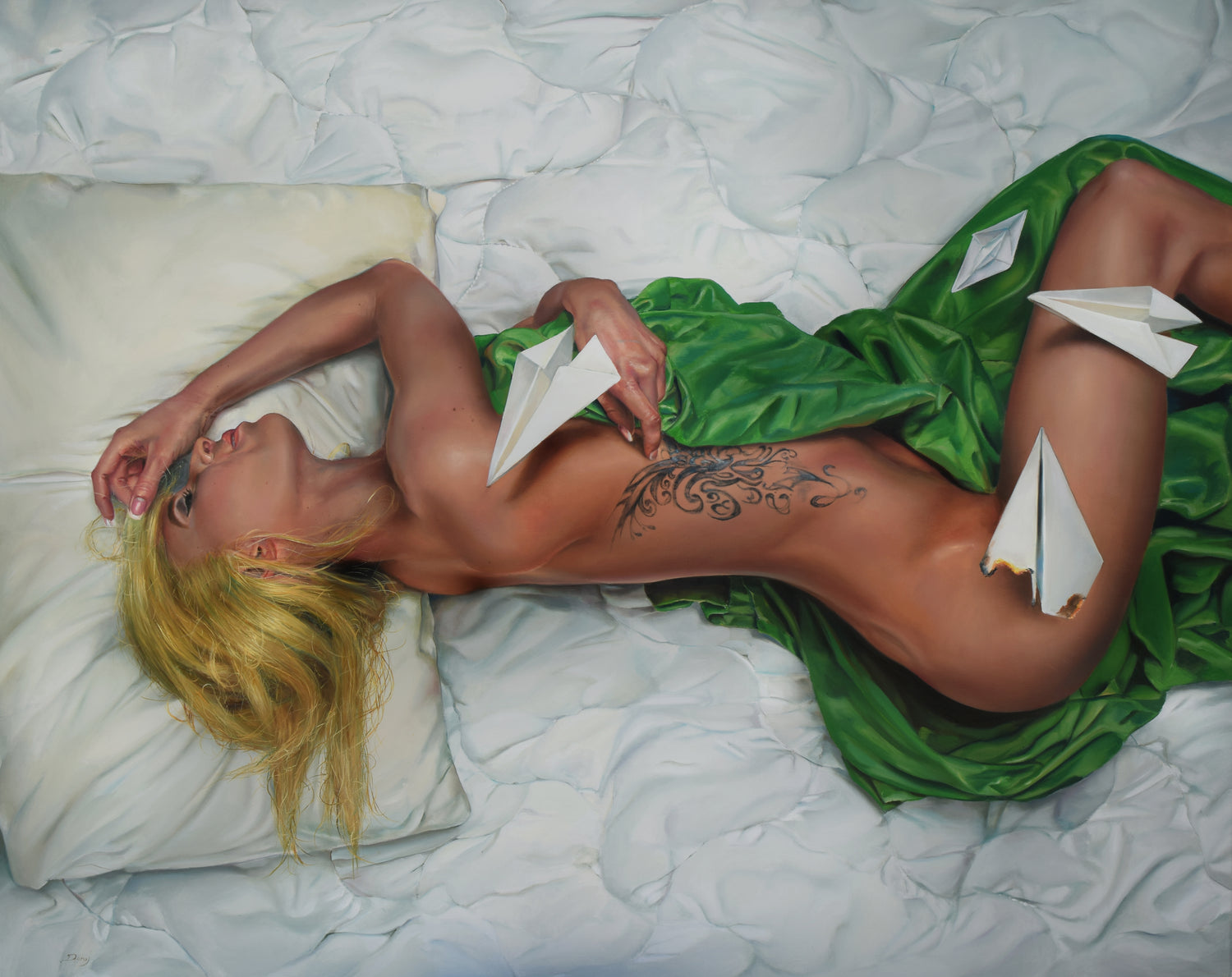 Hyperrialistic oil painting of a person lying on a bed with green fabric and paper planes, covered with green blanket. 