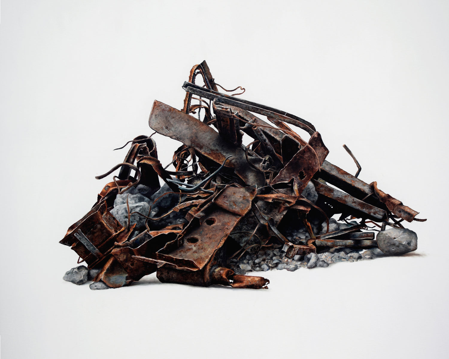 Hyperrealistic oil painting of a pile of rusted metal scraps on a white background