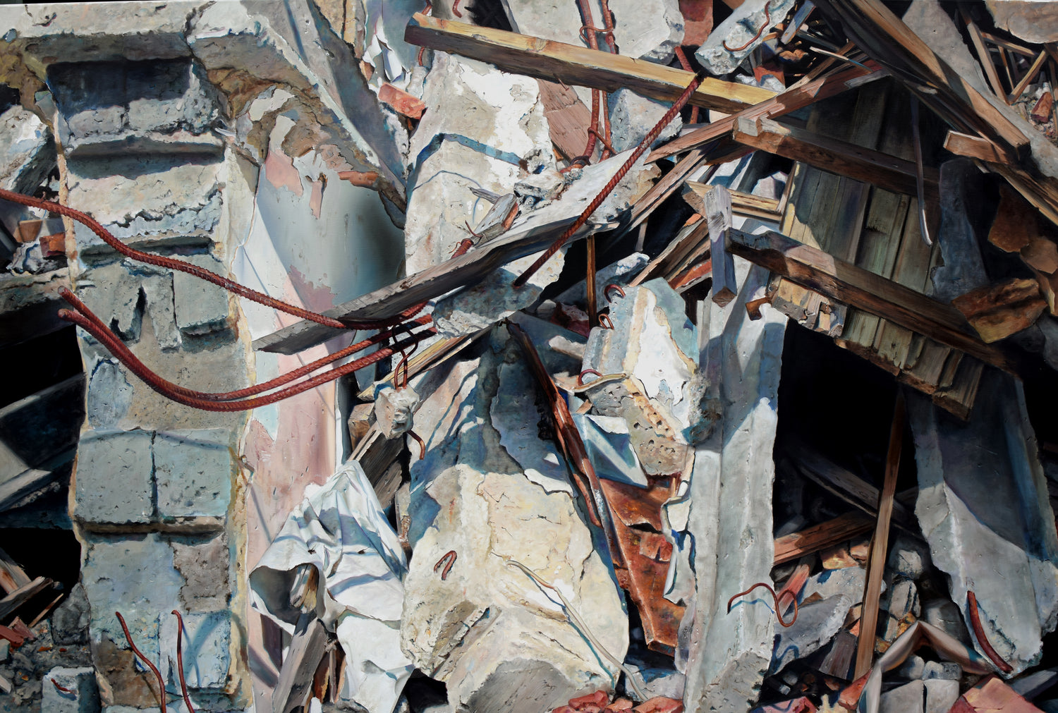 Hyperrialistic oil painting of a close-up of a pile of rubble and debris with concrete blocks and metal rods.
