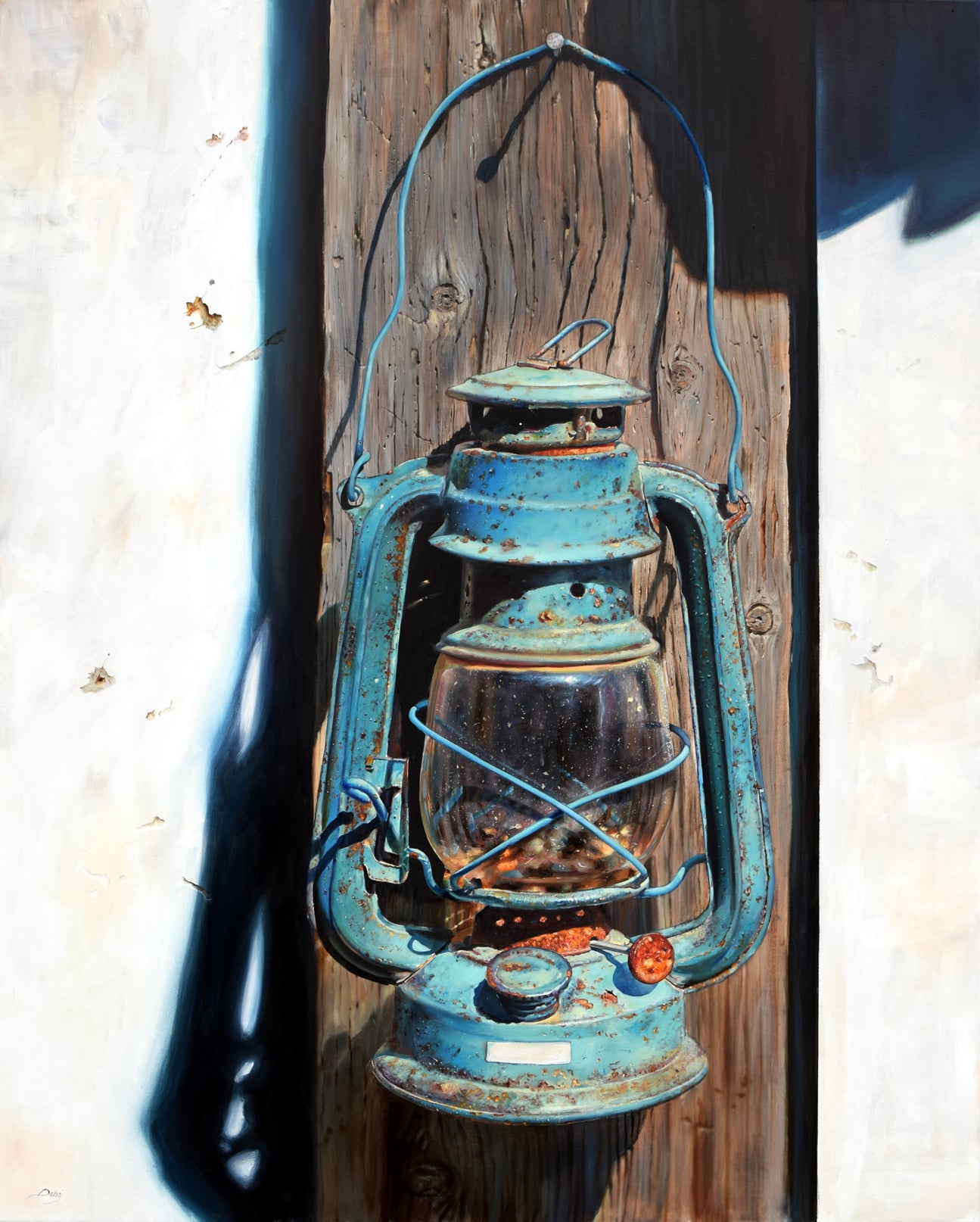 Hyperrealistic oil painting of a blue lantern hanging on a wooden wall with a soft light effect