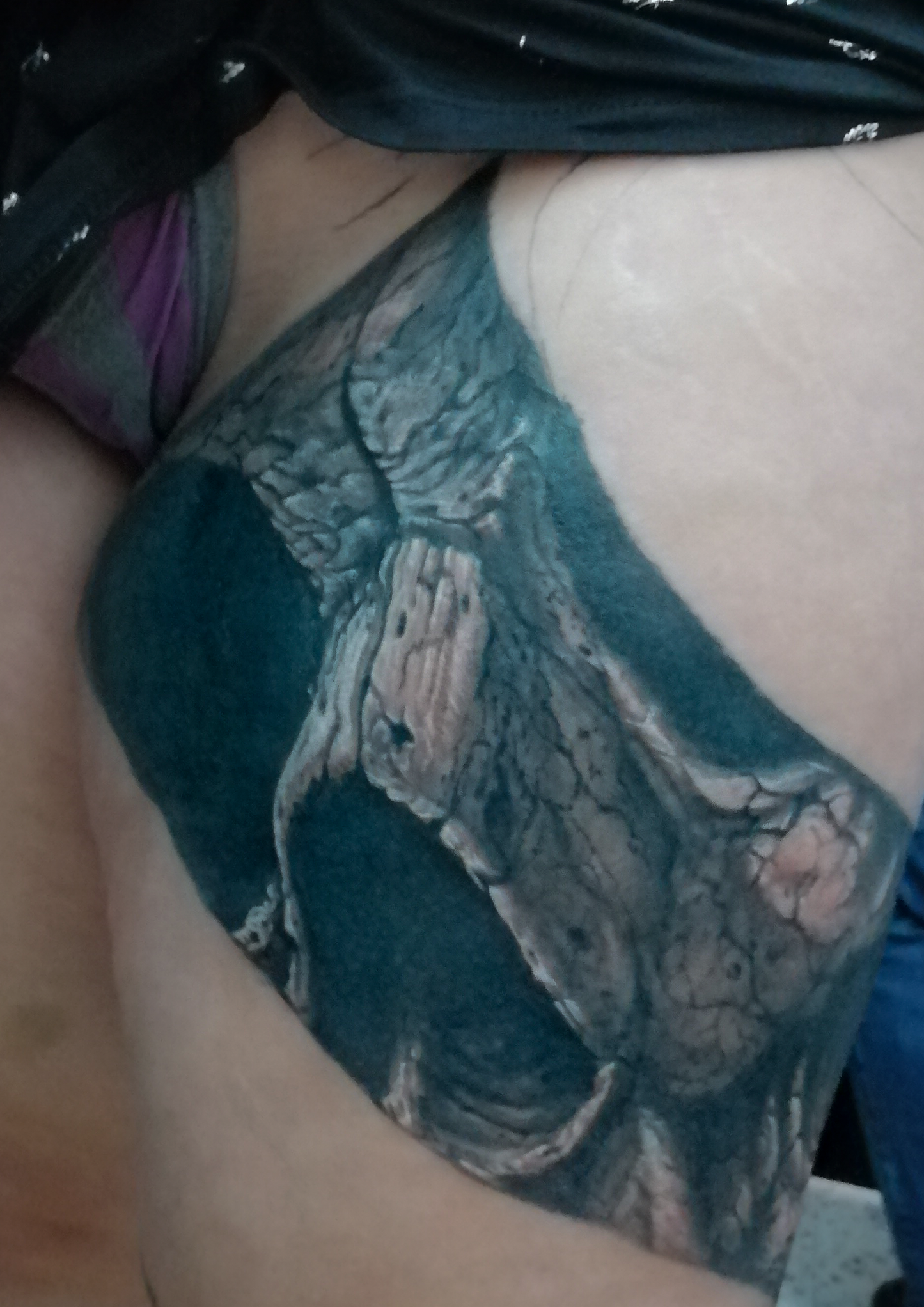 Detailed freehand full leg cover up skulls and bones 