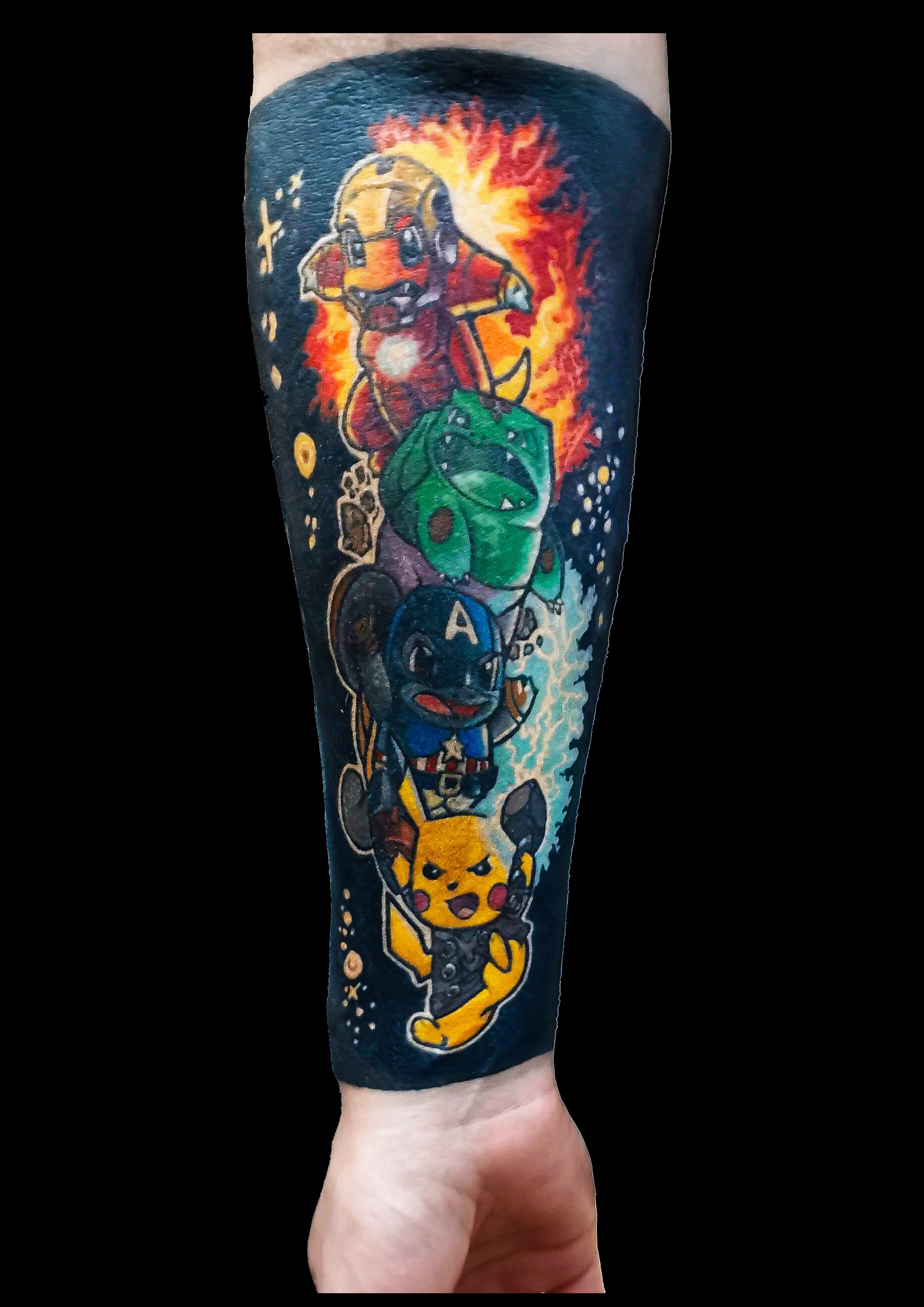 Colorful tattoo of cartoon characters on a person's arm against a black background