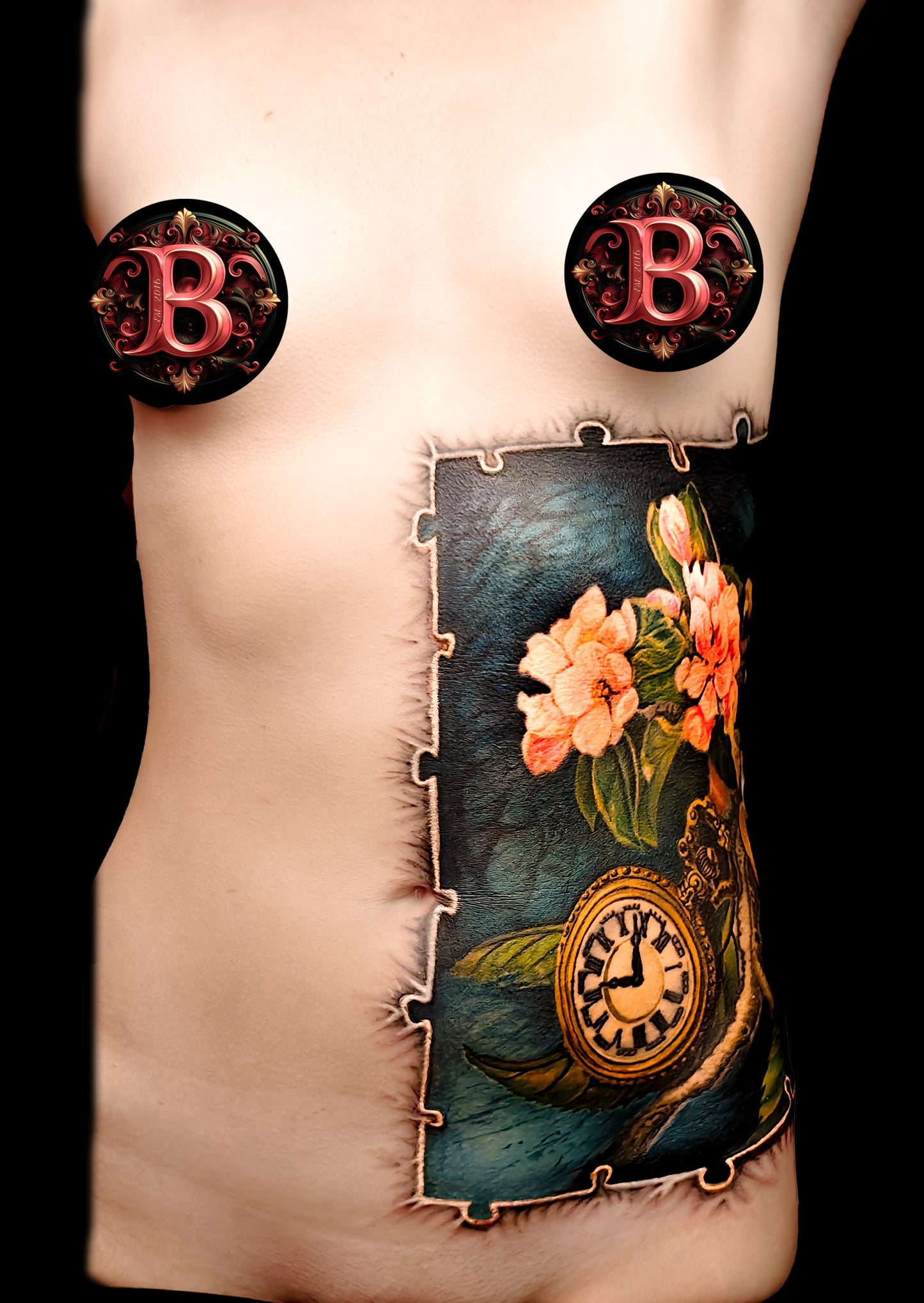 Colorful floral cover-up tattoo on the half torso with a puzzle-frame edge and a pocket watch motif