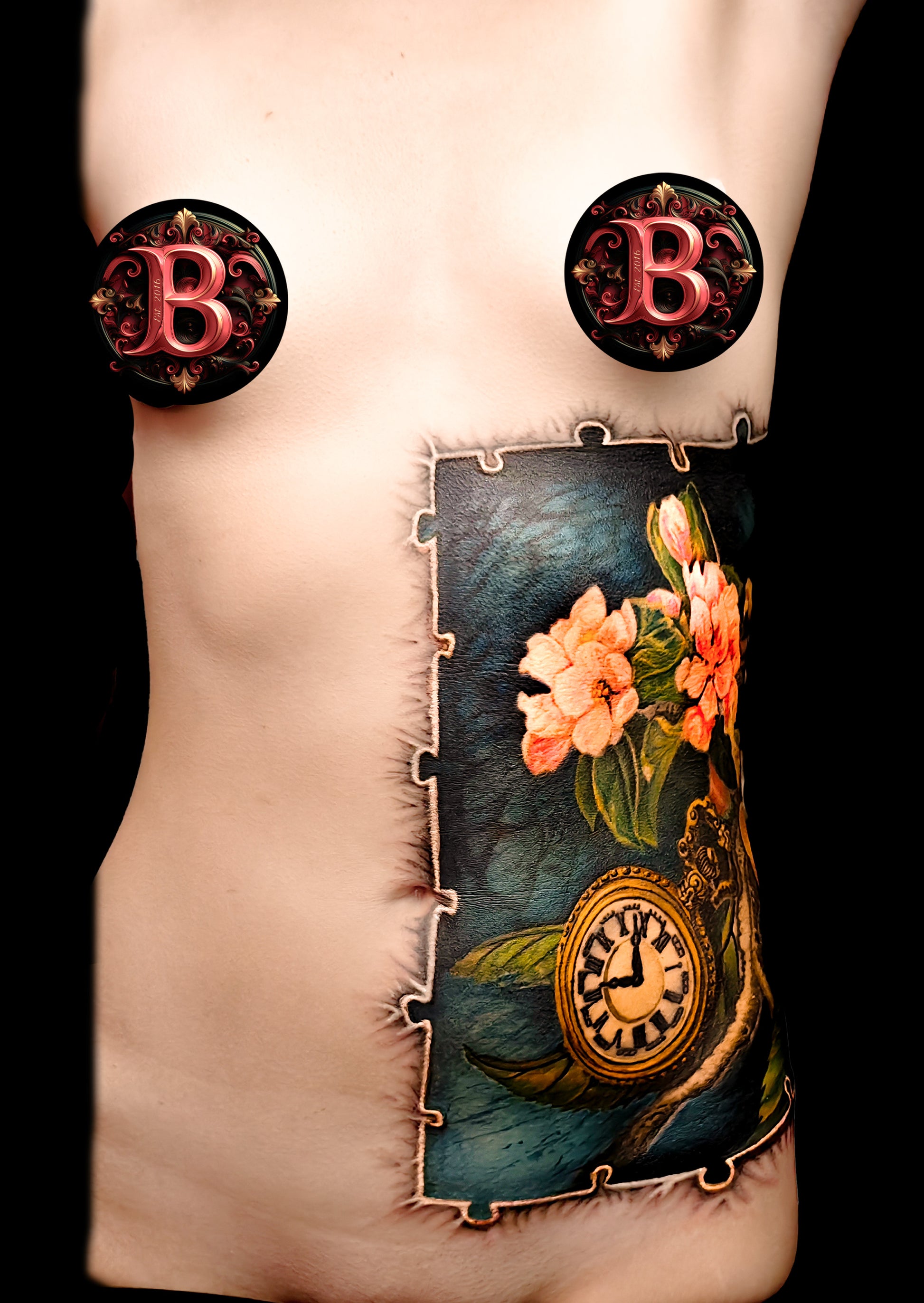 Colorful floral cover-up tattoo on the half torso with a puzzle-frame edge and a pocket watch motif