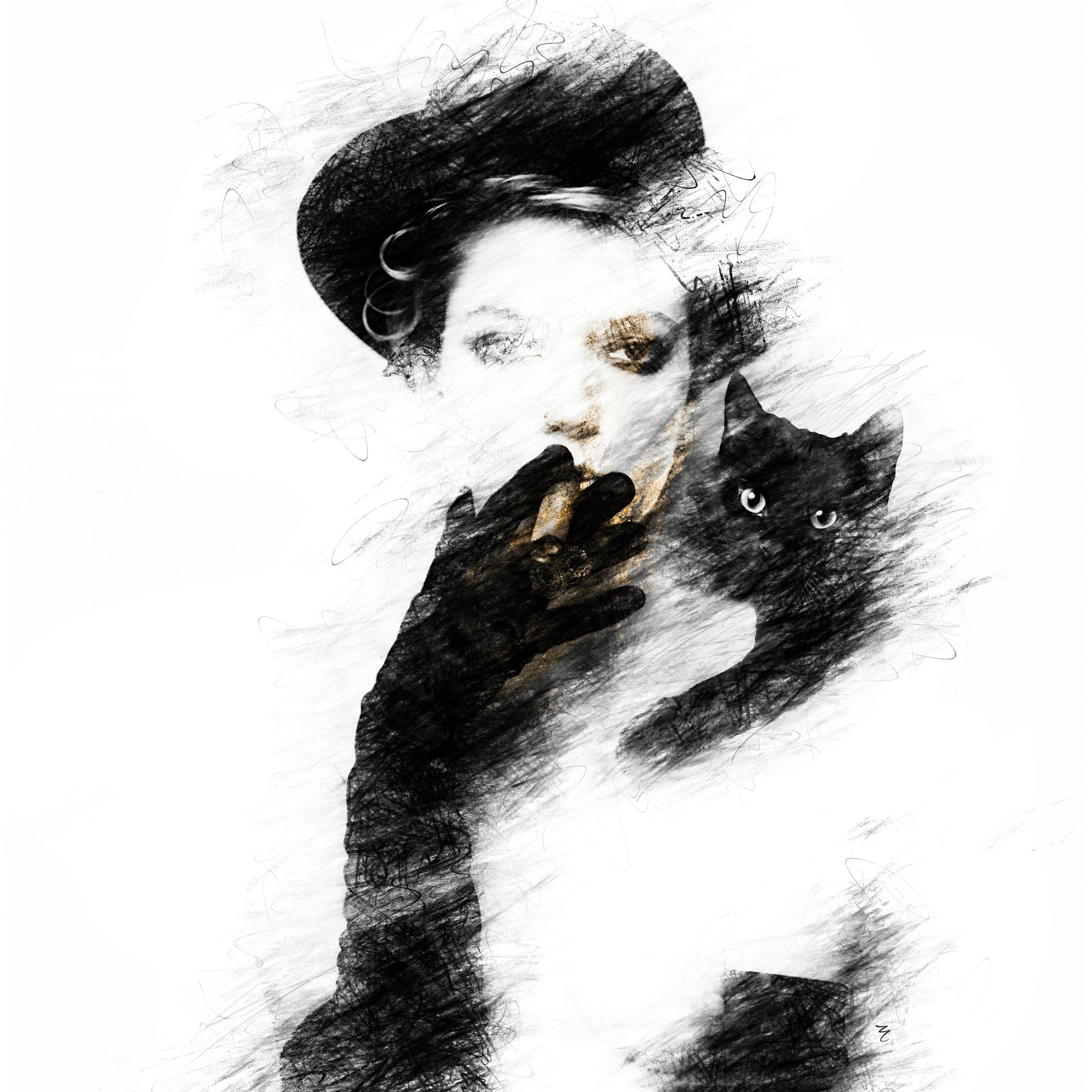 Black and white artistic depiction of a woman holding a cat