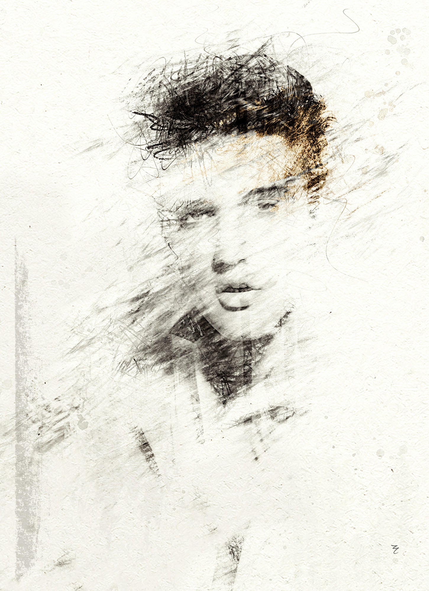 Abstract portrait of a person with artistic brush strokes on a light background