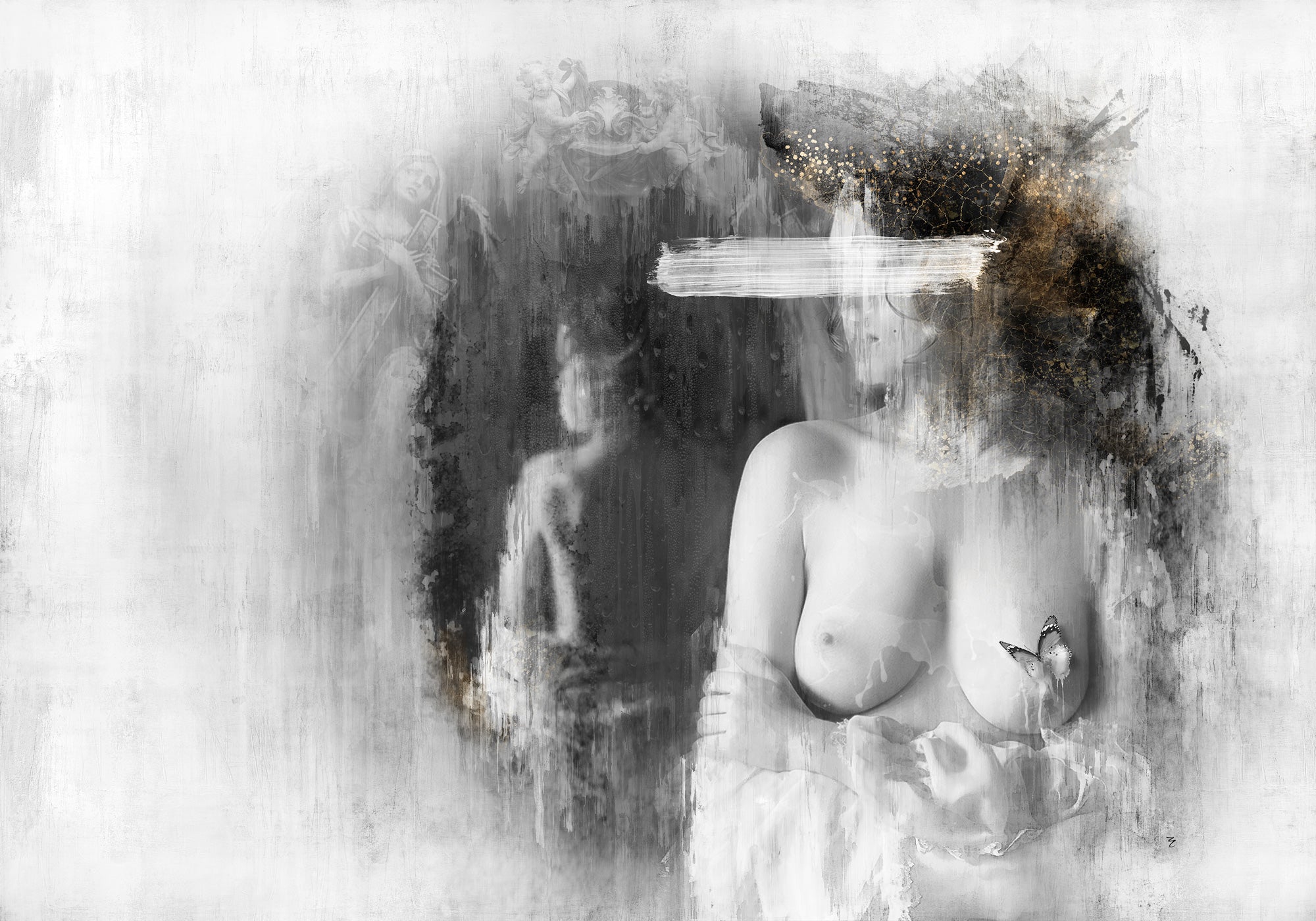Artistic depiction of a nude figure with abstract elements and a blurred face.