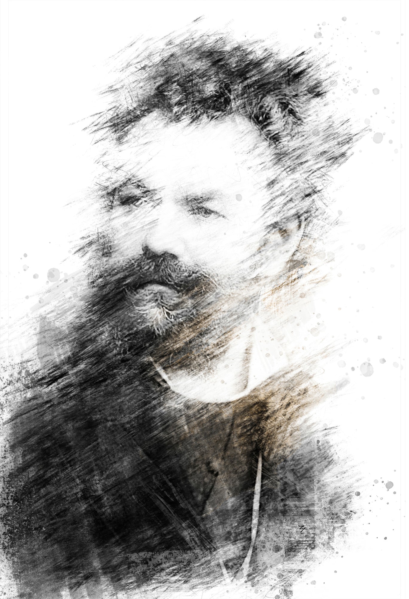 Black and white portrait of a man with a beard and mustache.