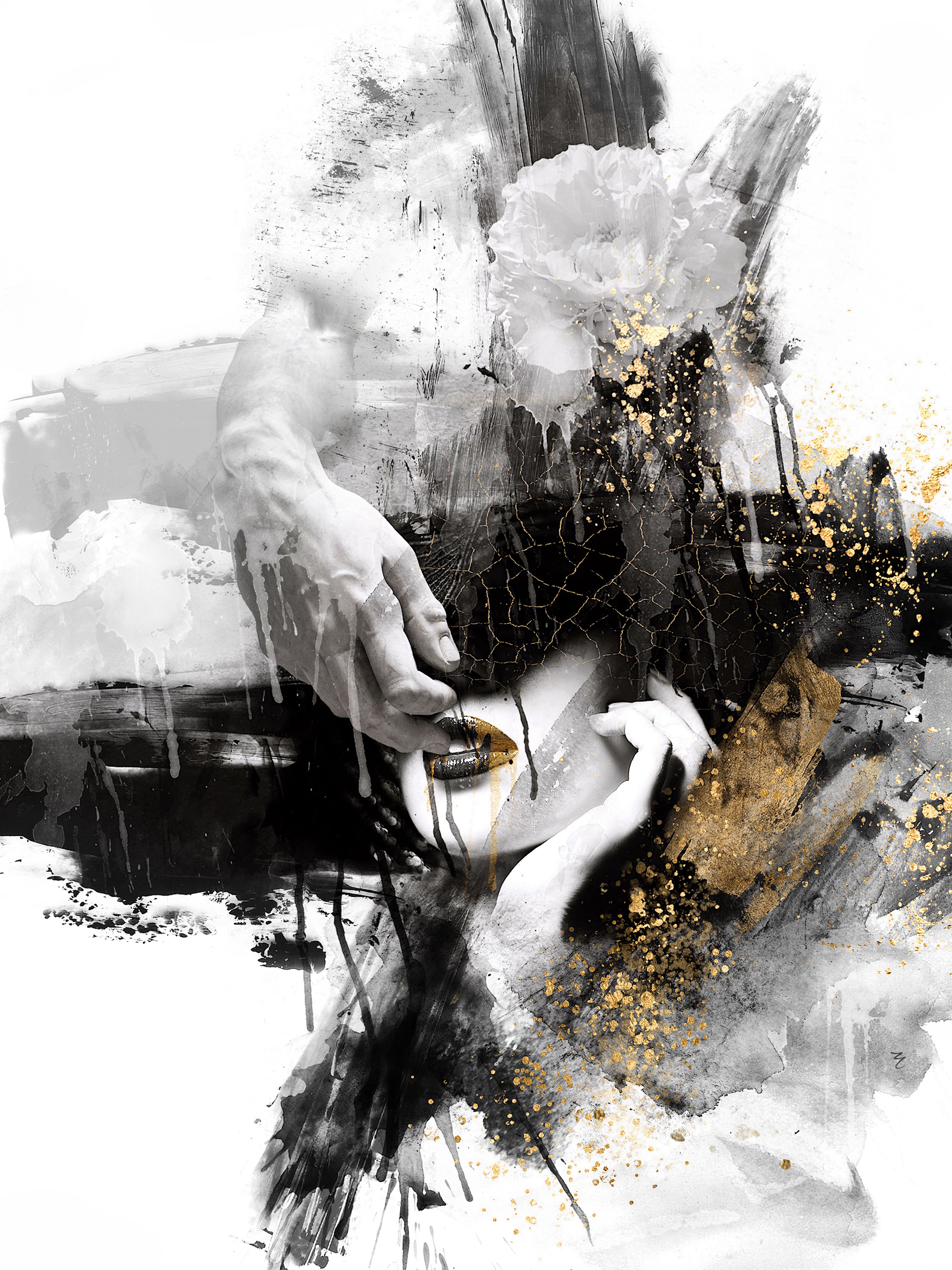 Abstract art piece with black, white, and gold brush strokes