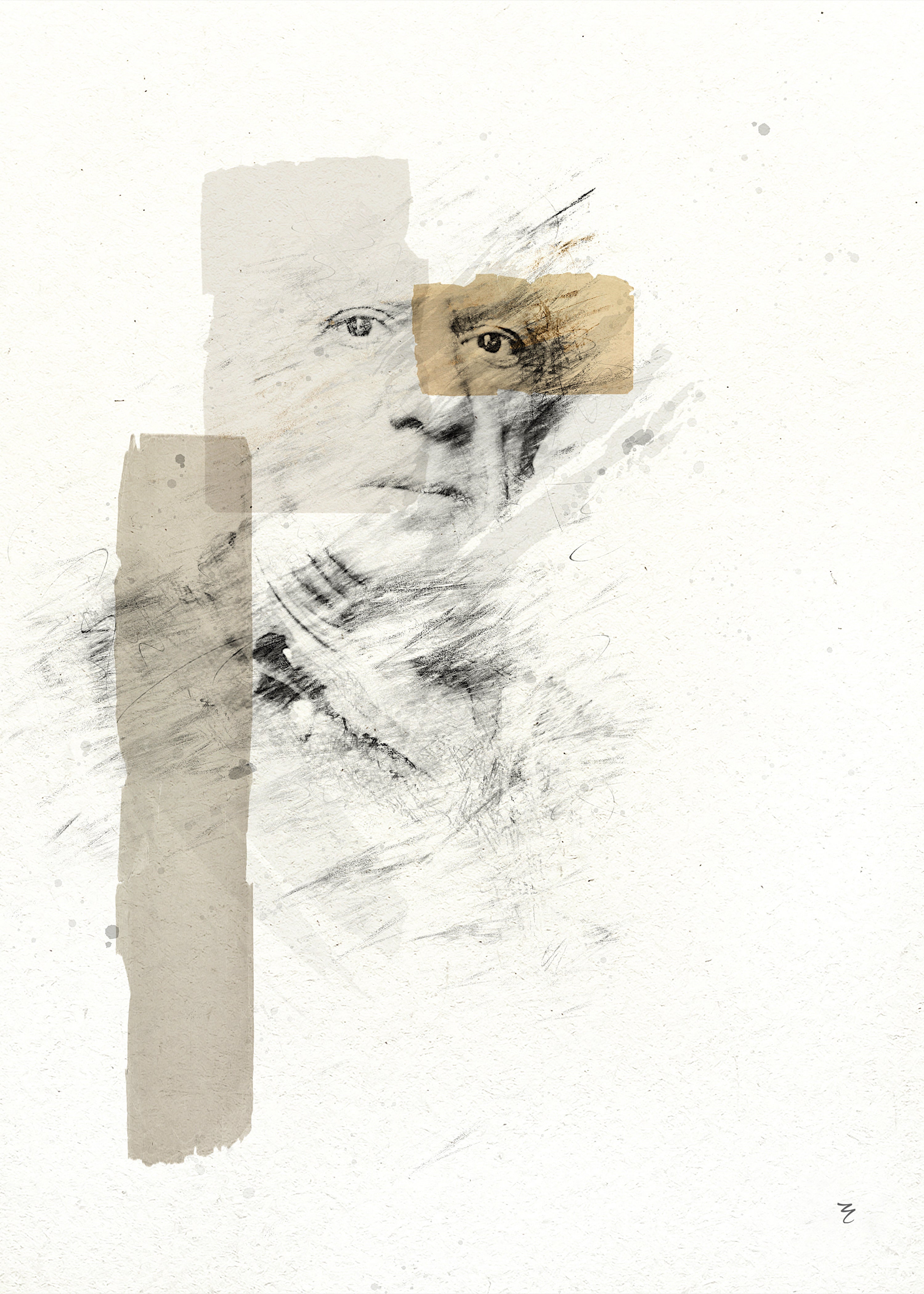 Collage art with abstract elements and a textured white background