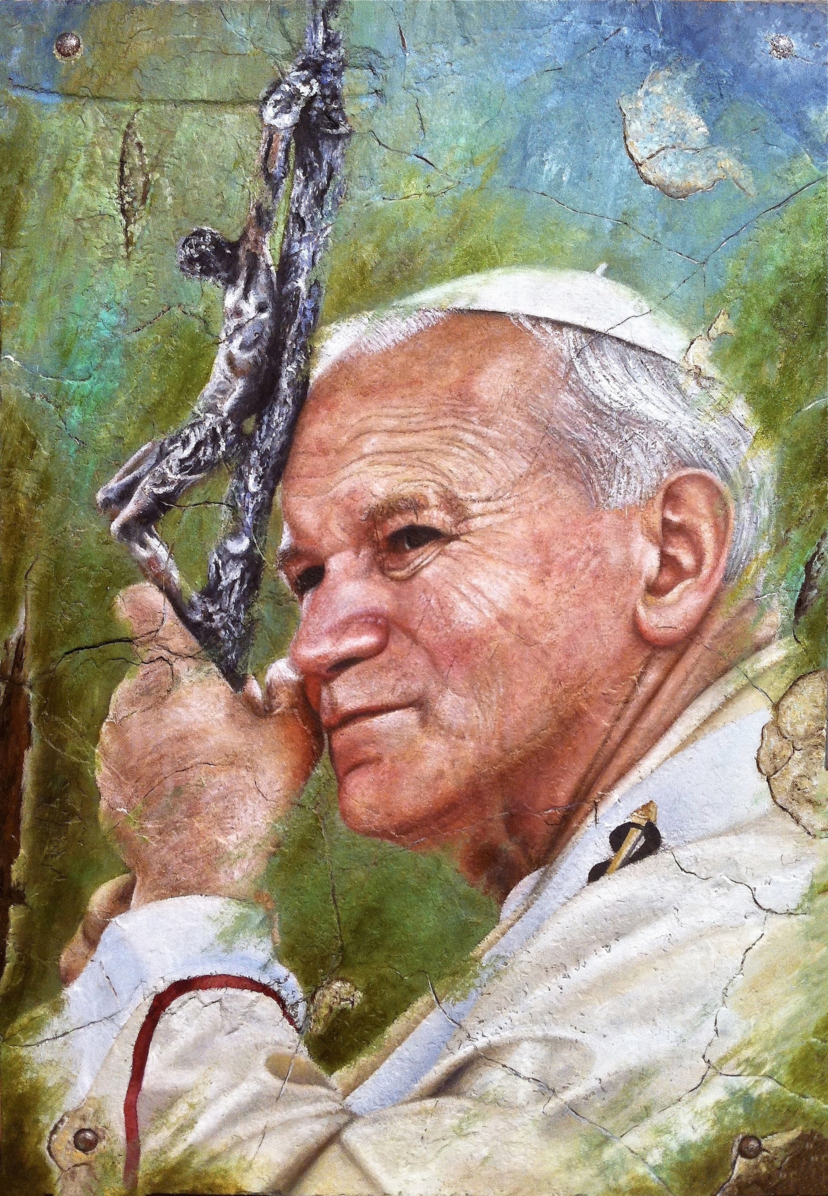 Portrait of Pope John Paul II holding a cross with detailed background
