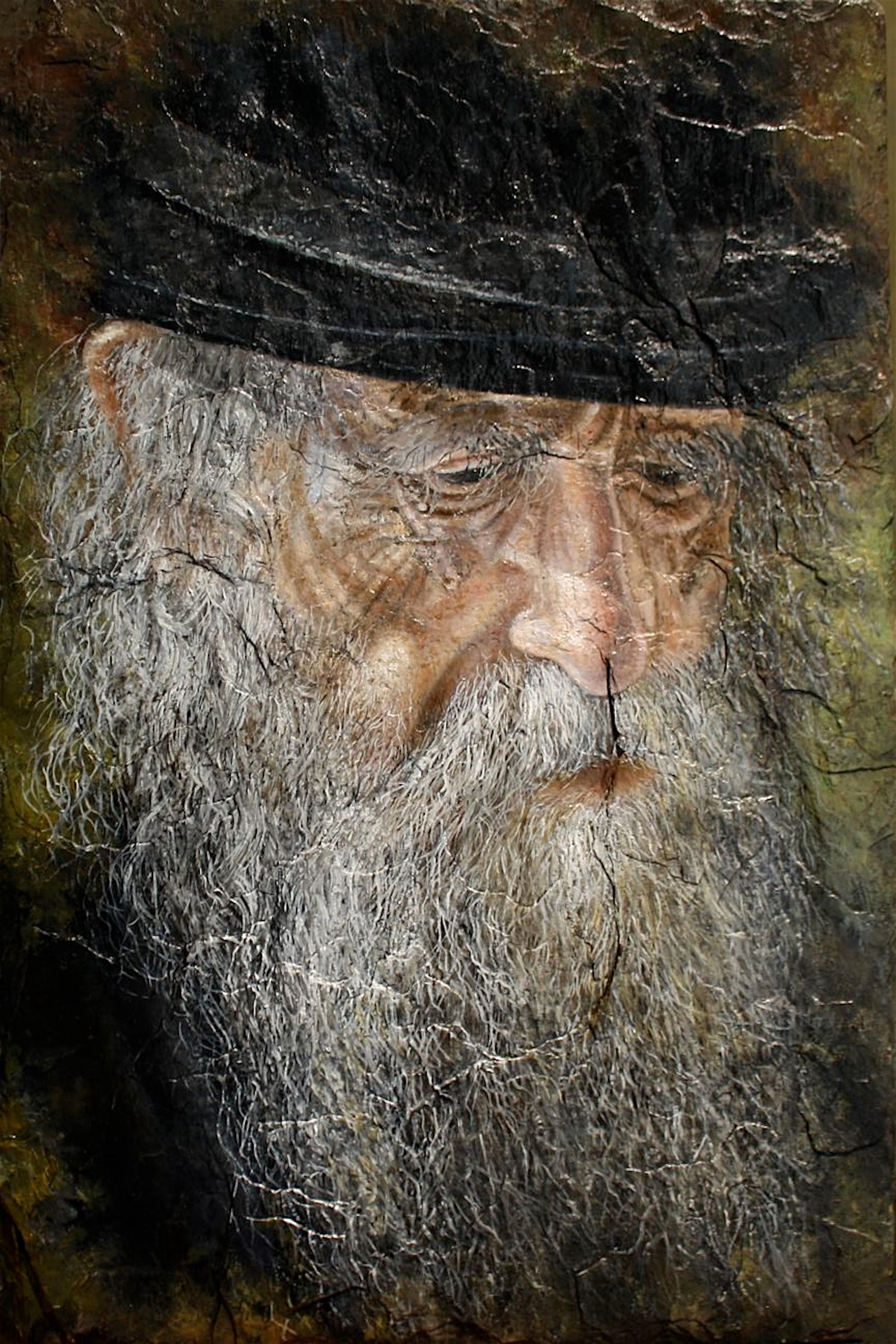 Portrait of an elderly man with a long beard and black hat on a textured background