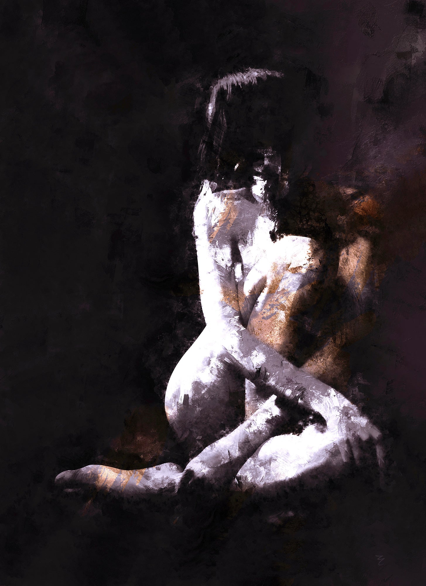 Artistic depiction of a nude figure in a dark setting