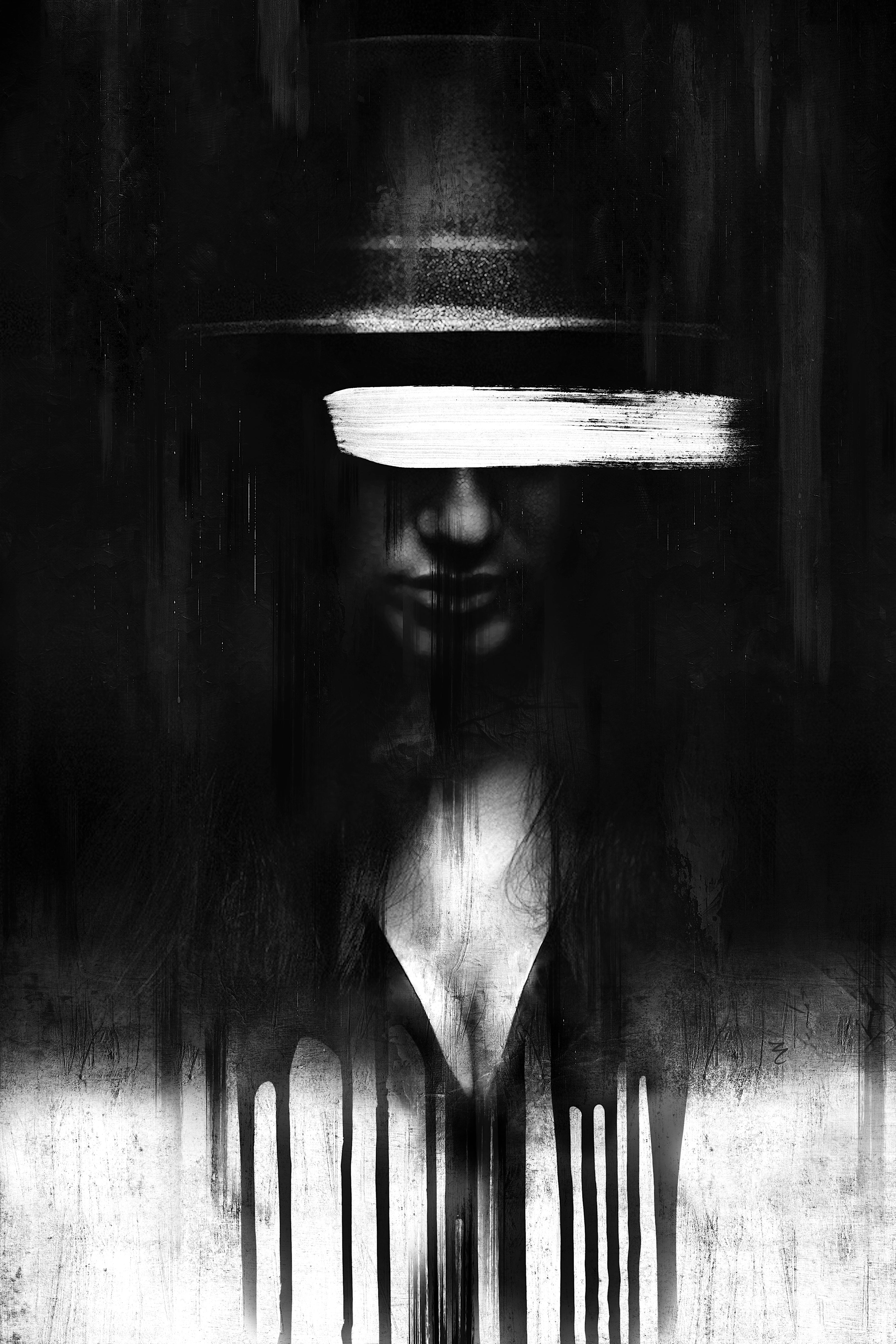 Black and white abstract art with a central figure and light source